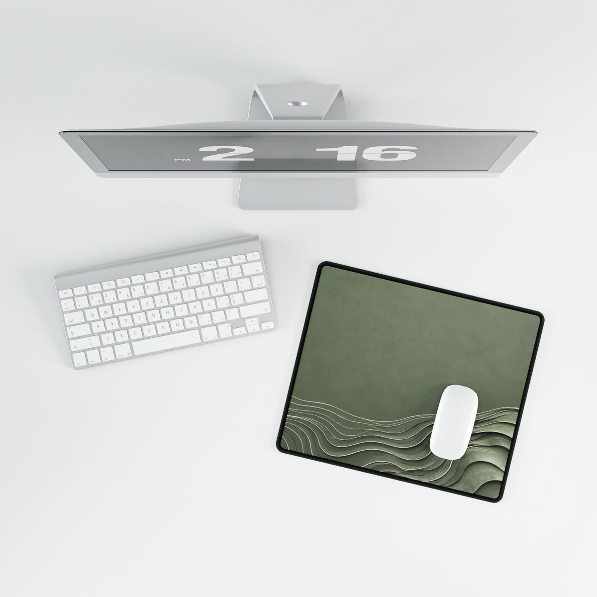 Printify preview: overhead view of Sage Evolution, 14.4 × 12.1 inches, with a mouse beside a keyboard.