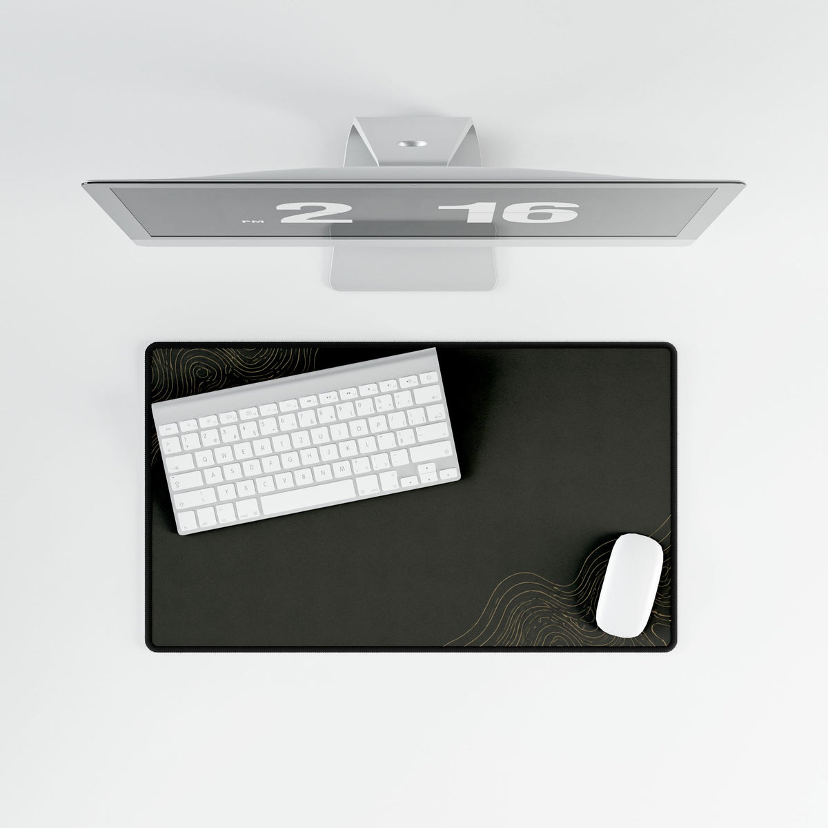 Printify preview: Minimal Olive Gold, 23.6 × 13.8 inches, overhead desk view with keyboard and mouse.