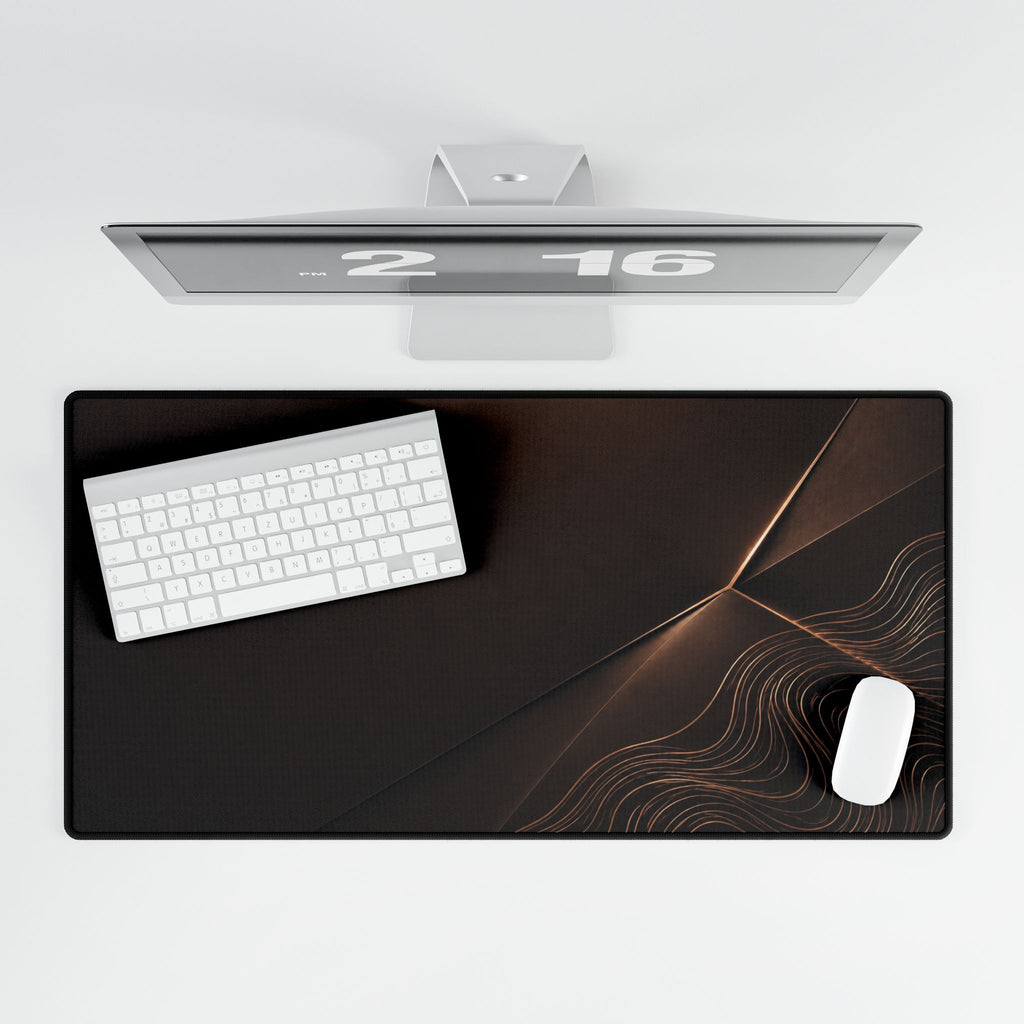 Printify preview: Espresso Facet, 31.5 × 15.5 inches, overhead desk view with keyboard and mouse.