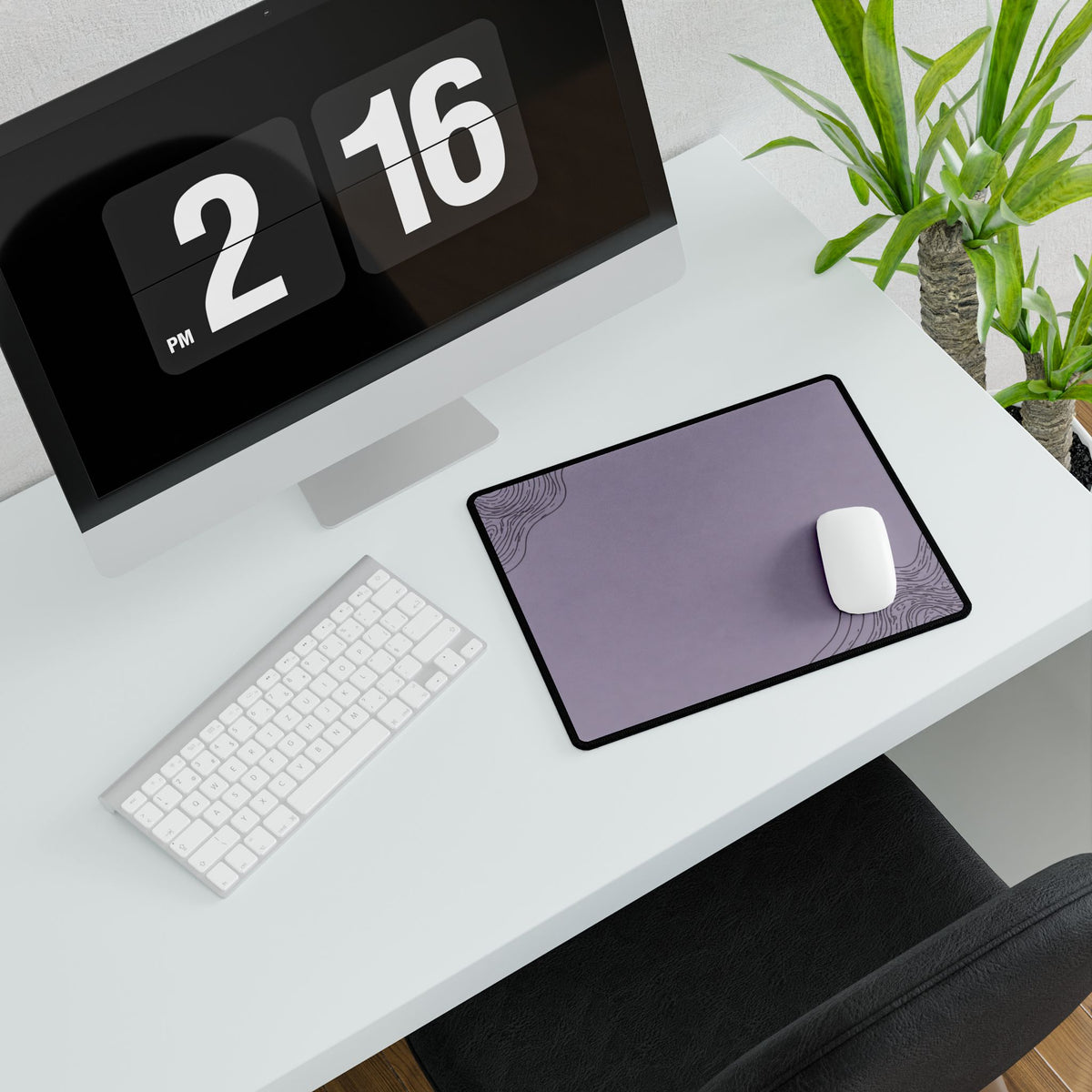 Printify preview: Minimal Smoked Lilac, 14.4 × 12.1 inches, angled desk view with keyboard and mouse.