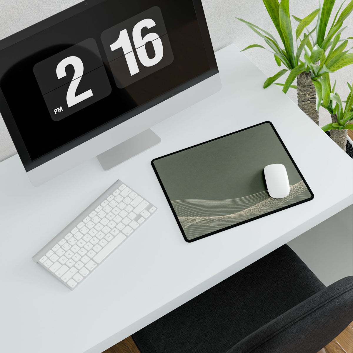 Printify preview: Sage Interference, 14.4 × 12.1 inches, with a mouse beside a keyboard, viewed at an angle.
