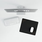 Overhead view of Minimal Black compact desk mat with a mouse beside the keyboard.