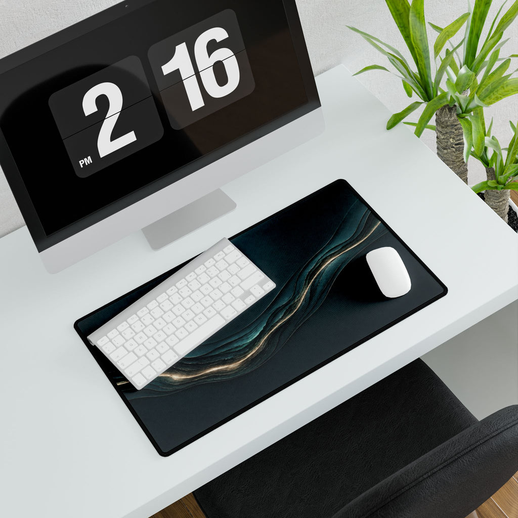 Printify preview: Teal Radiance, 23.6 × 13.8 inches, angled desk view with keyboard and mouse.
