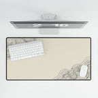 Printify preview: Minimal Porcelain Ink, 31.5 × 15.5 inches, overhead desk view with keyboard and mouse.