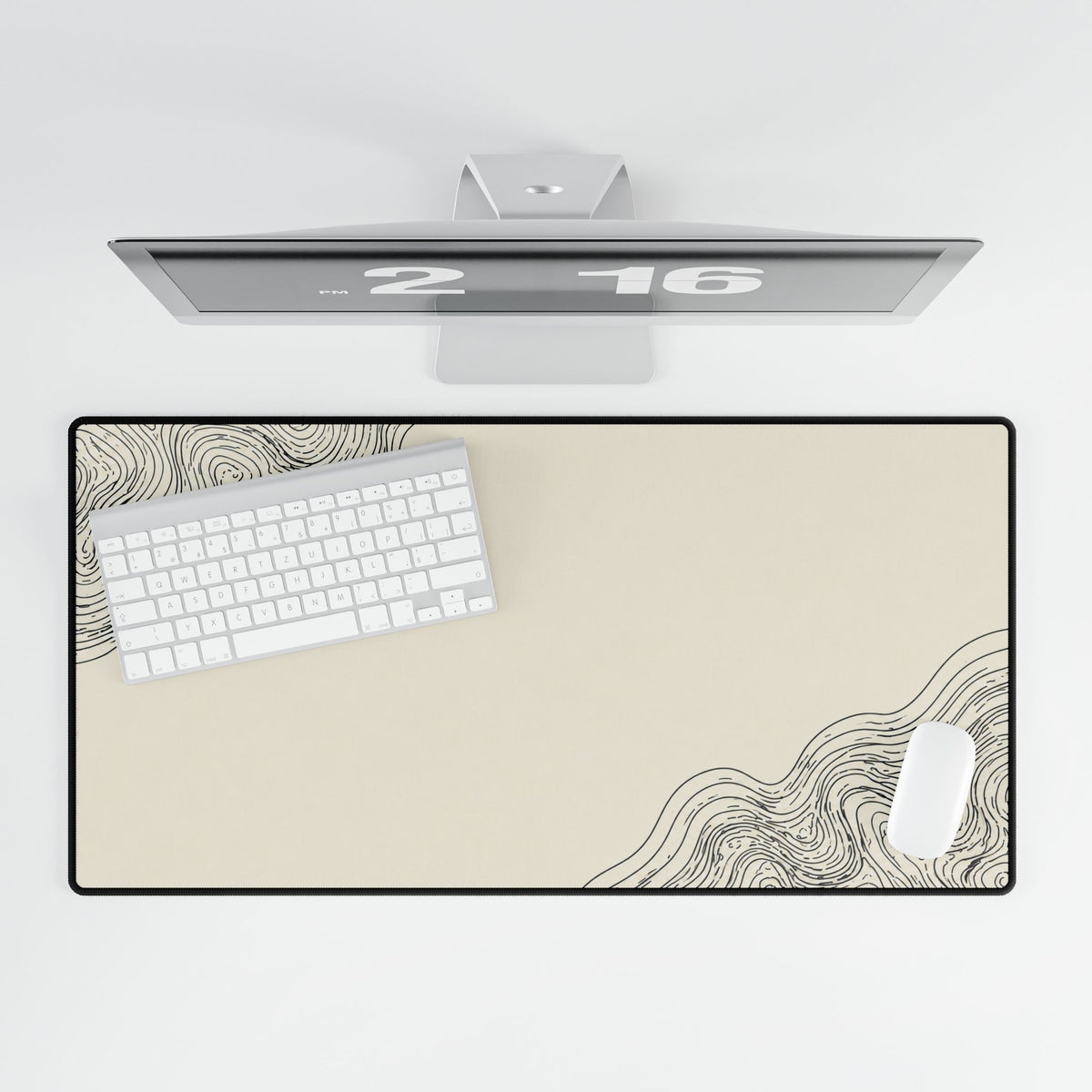 Printify preview: Minimal Porcelain Ink, 31.5 × 15.5 inches, overhead desk view with keyboard and mouse.