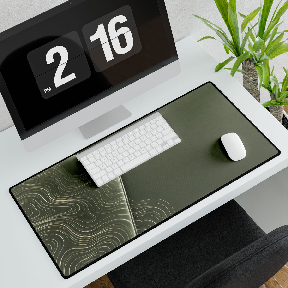 Printify preview: Sage Optic, 31.5 × 15.5 inches, with keyboard and mouse on a white desk, viewed at an angle.