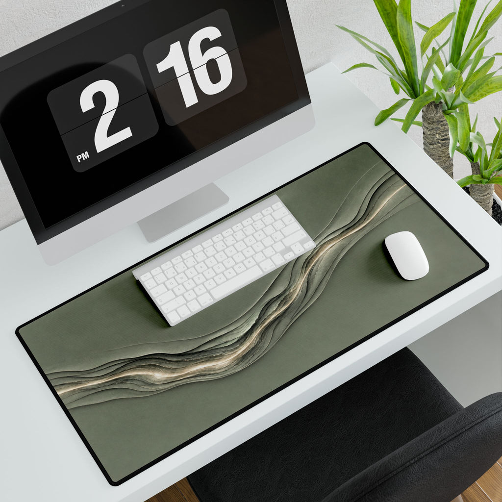 Printify preview: Sage Radiance, 31.5 × 15.5 inches, angled desk view with keyboard and mouse.