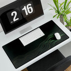 Printify preview: Forest Evolution, 31.5 × 15.5 inches, with keyboard and mouse on a white desk, viewed at an angle.
