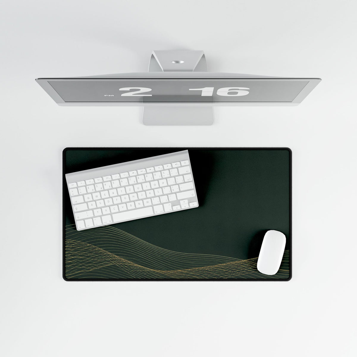 Printify preview: overhead view of Forest Interference, 23.6 × 13.8 inches, with keyboard and mouse.