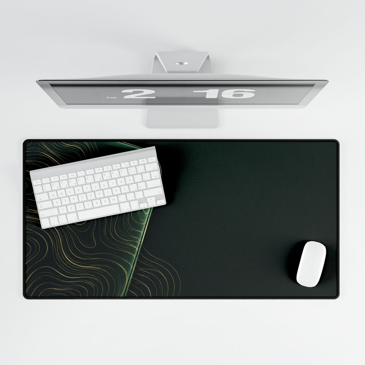 Printify preview: overhead view of Forest Optic, 31.5 × 15.5 inches, with keyboard and mouse.