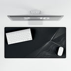 Printify preview: Charcoal Facet, 31.5 × 15.5 inches, overhead desk view with keyboard and mouse.