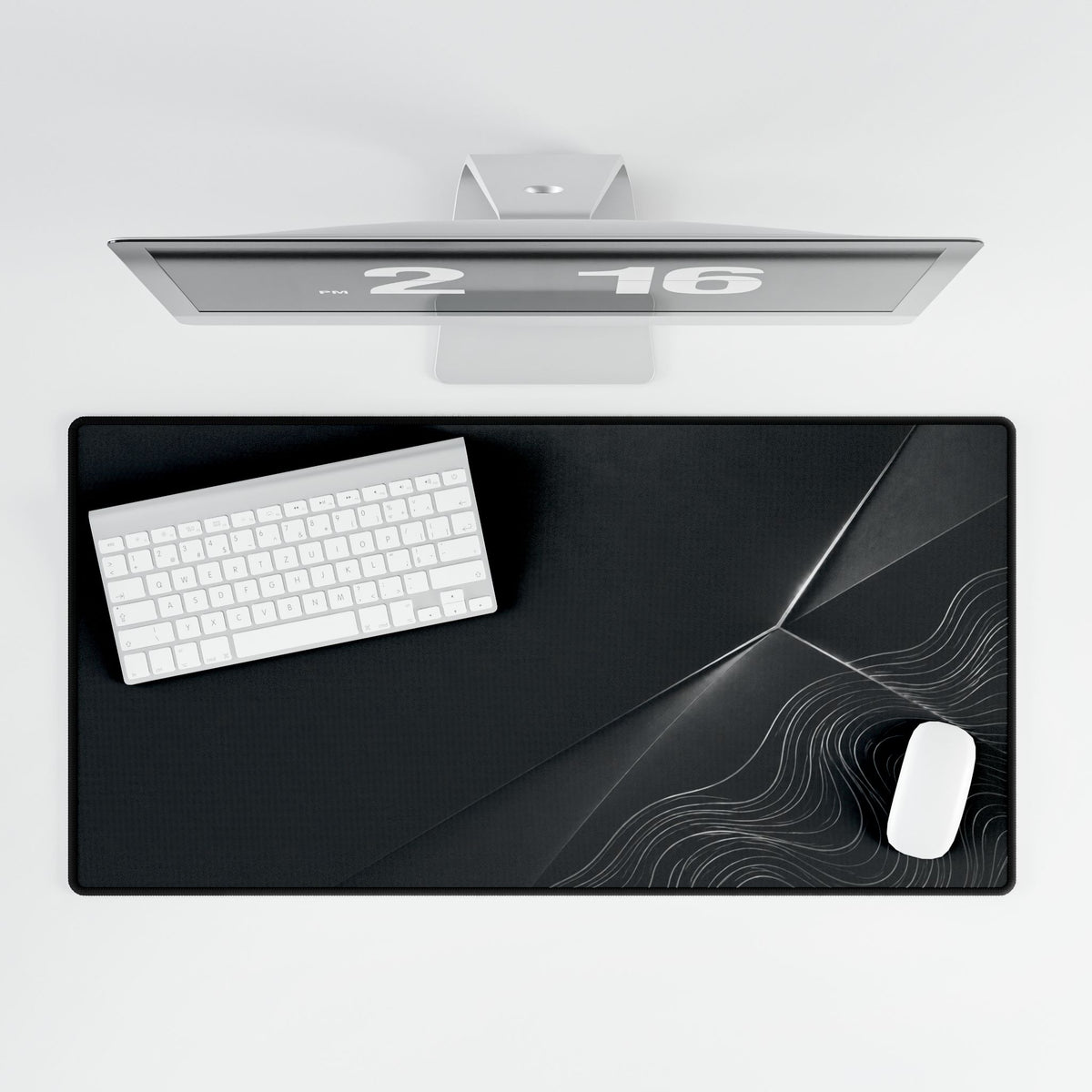 Printify preview: Charcoal Facet, 31.5 × 15.5 inches, overhead desk view with keyboard and mouse.