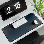Printify preview: Minimal Slate Copper, 31.5 × 15.5 inches, angled desk view with keyboard and mouse.