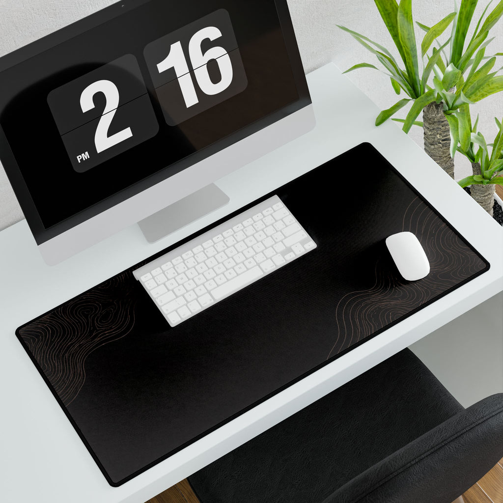Printify preview: Minimal Espresso Bronze, 23.6 × 13.8 inches, angled desk view with keyboard and mouse.