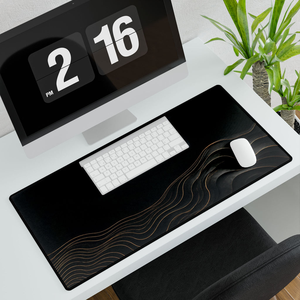 Printify preview: Obsidian Evolution, 31.5 × 15.5 inches, with keyboard and mouse on a white desk, viewed at an angle.