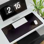 Printify preview: Minimal Aubergine Gold, 31.5 × 15.5 inches, angled desk view with keyboard and mouse.