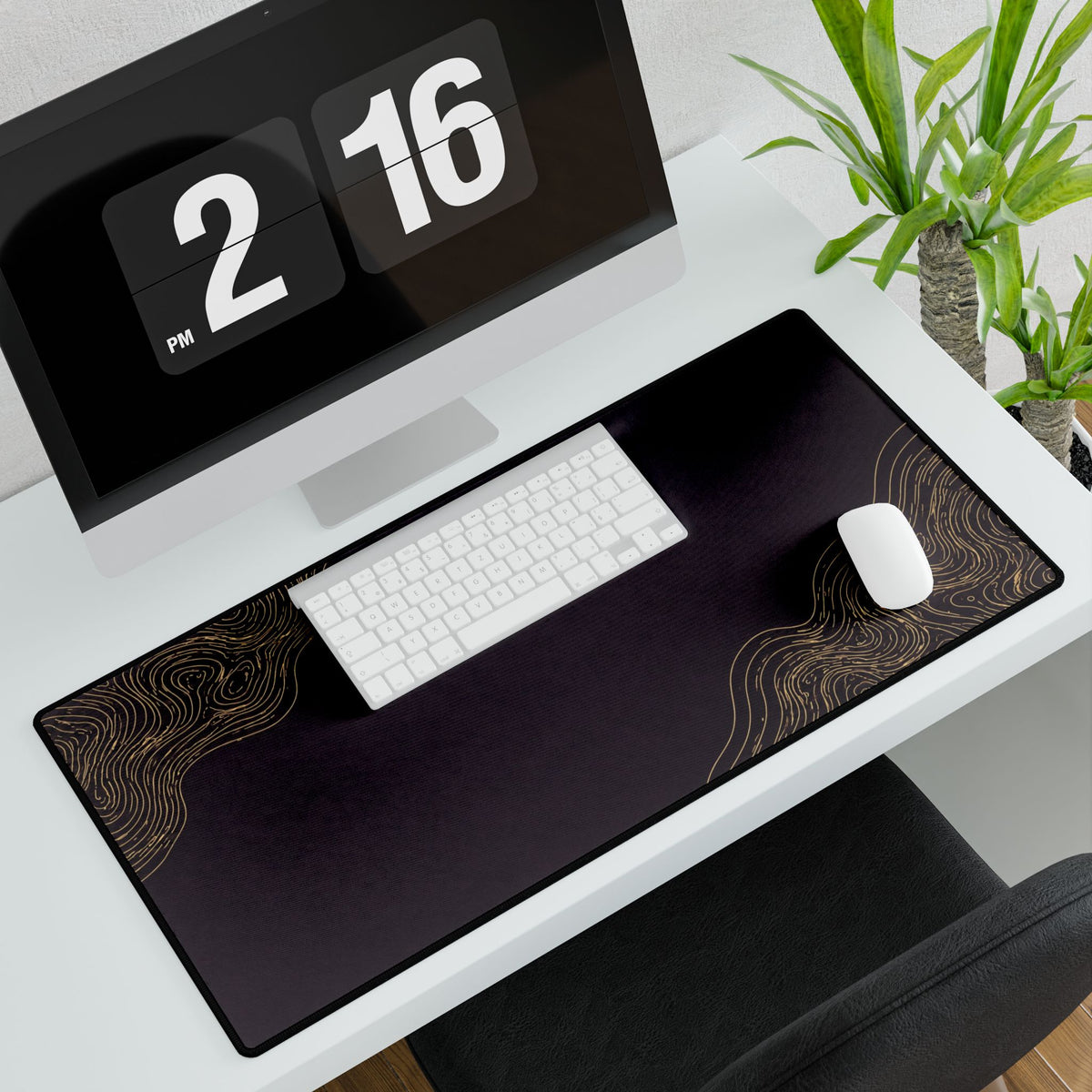 Printify preview: Minimal Aubergine Gold, 31.5 × 15.5 inches, angled desk view with keyboard and mouse.