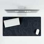 Printify preview: Navy Atlas, 31.5 × 15.5 inches, overhead desk view with keyboard and mouse.
