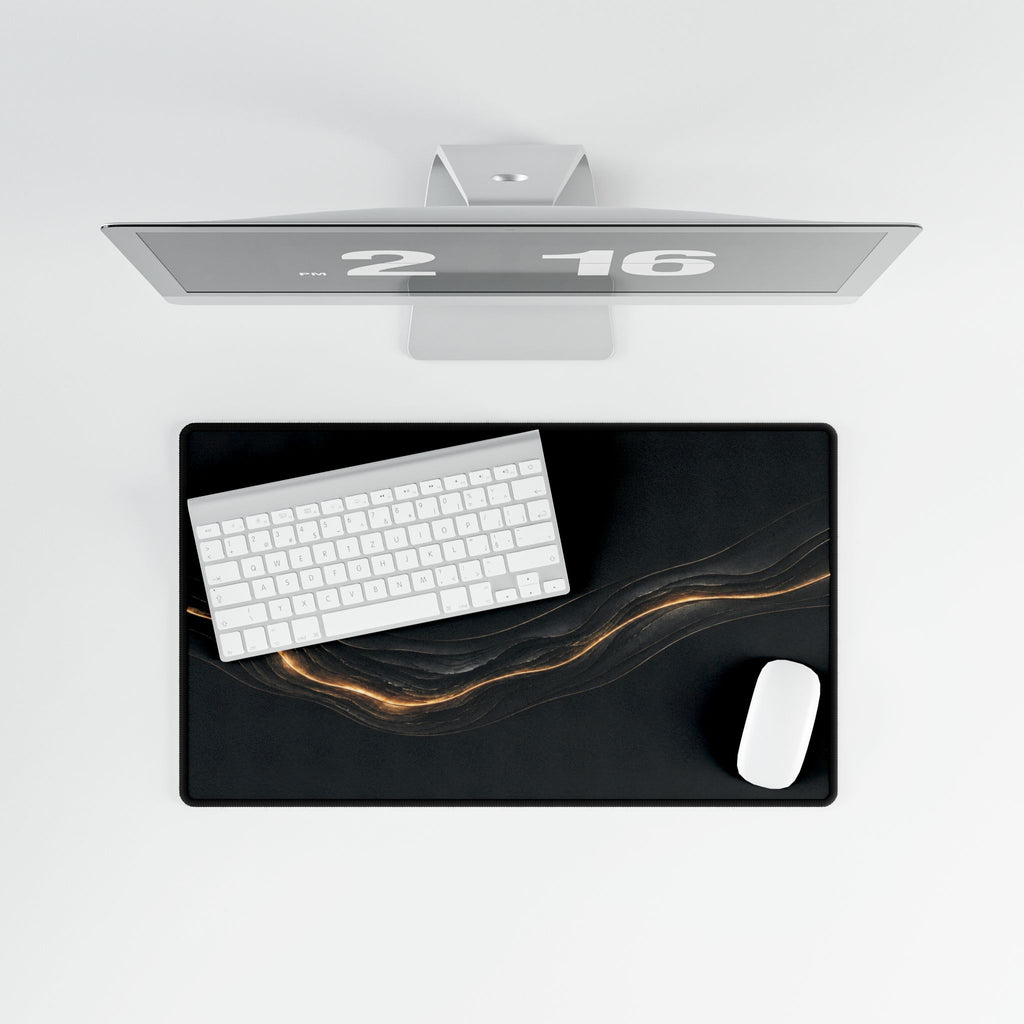 Printify preview: Obsidian Radiance, 23.6 × 13.8 inches, overhead desk view with keyboard and mouse.