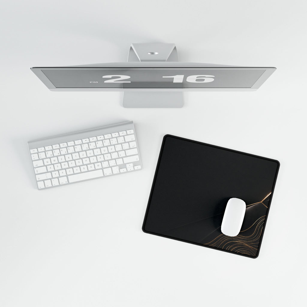 Printify preview: Obsidian Facet, 14.4 × 12.1 inches, overhead desk view with keyboard and mouse.