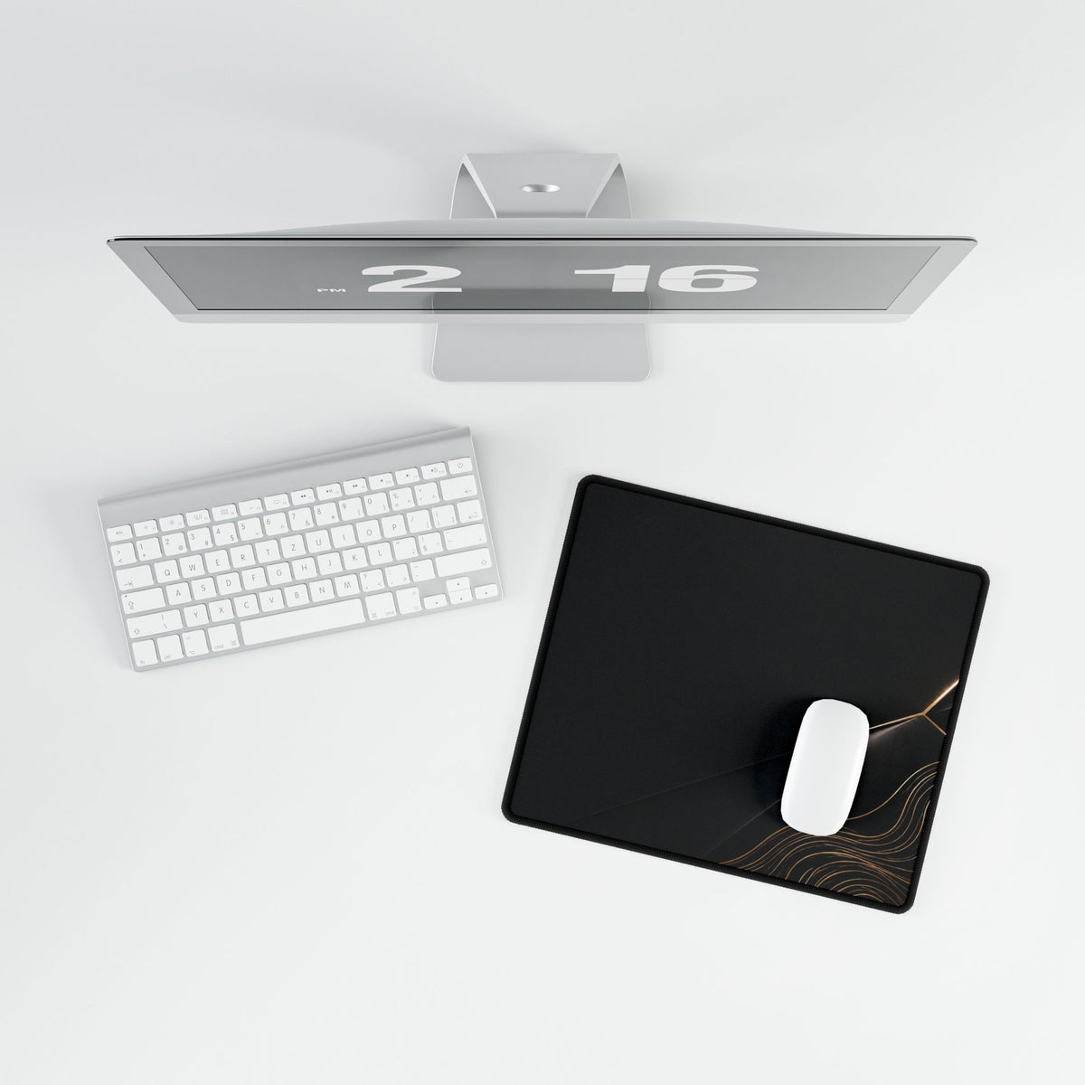 Printify preview: Obsidian Facet, 14.4 × 12.1 inches, overhead desk view with keyboard and mouse.