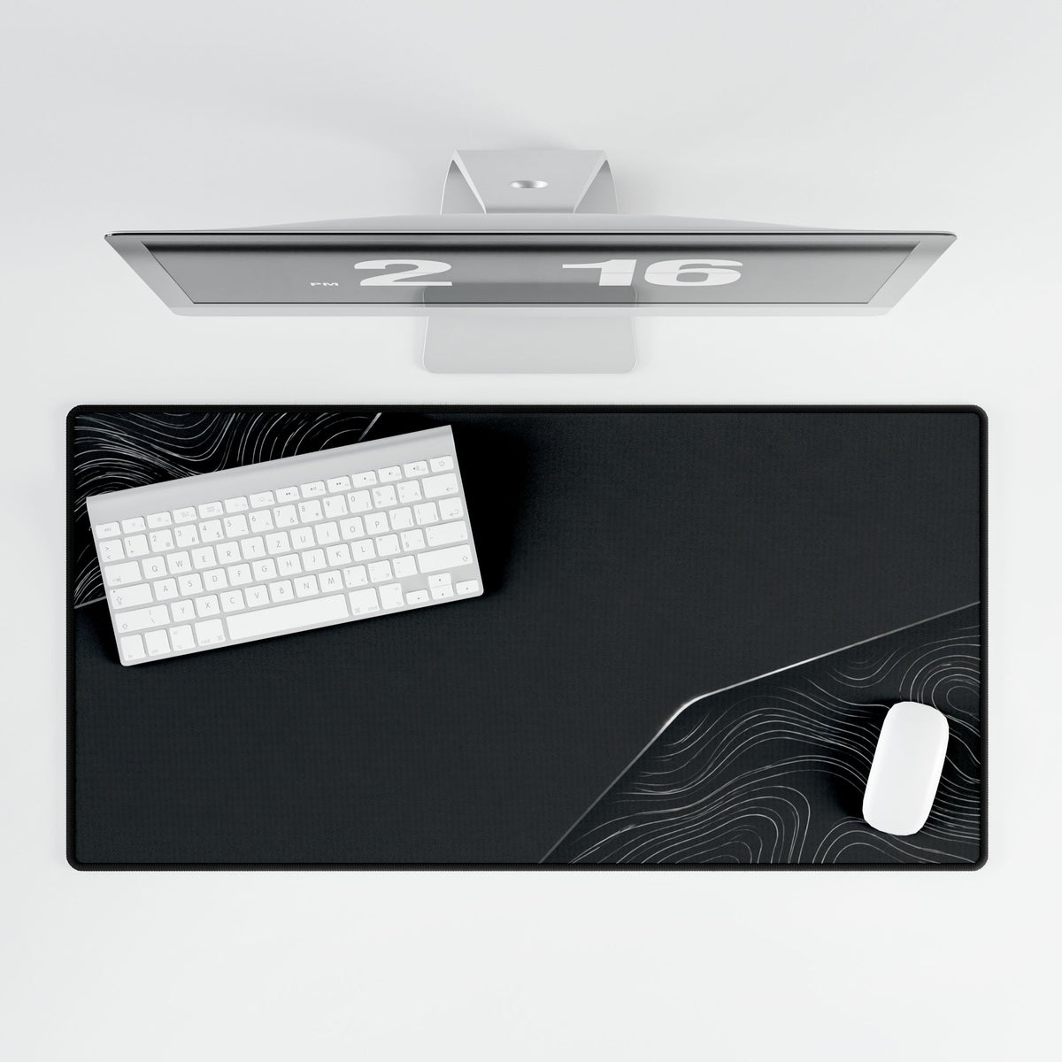 Printify preview: overhead view of Charcoal Cutaway, 31.5 × 15.5 inches, with keyboard and mouse.