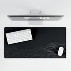 Printify preview: overhead view of Graphite Evolution, 31.5 × 15.5 inches, with keyboard and mouse.