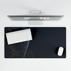 Printify preview: overhead view of Navy Optic, 31.5 × 15.5 inches, with keyboard and mouse.