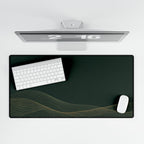 Printify preview: overhead view of Forest Interference, 31.5 × 15.5 inches, with keyboard and mouse.