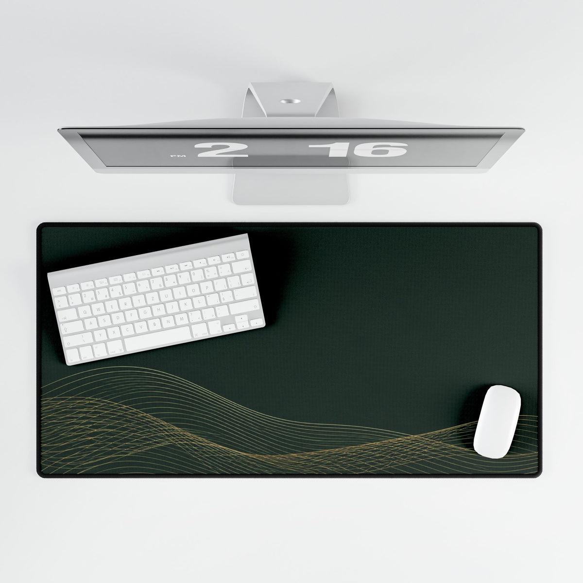 Printify preview: overhead view of Forest Interference, 31.5 × 15.5 inches, with keyboard and mouse.