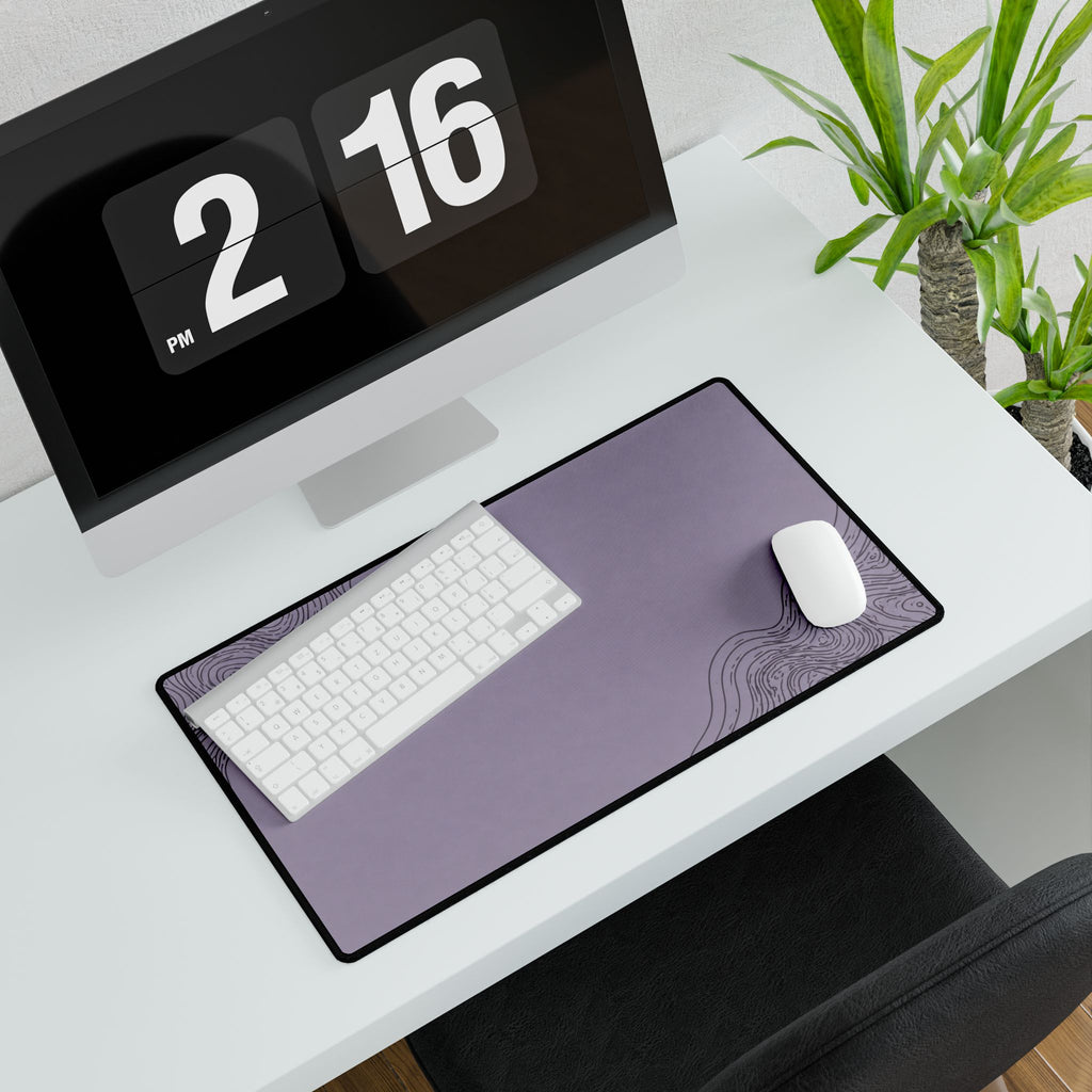 Printify preview: Minimal Smoked Lilac, 23.6 × 13.8 inches, angled desk view with keyboard and mouse.