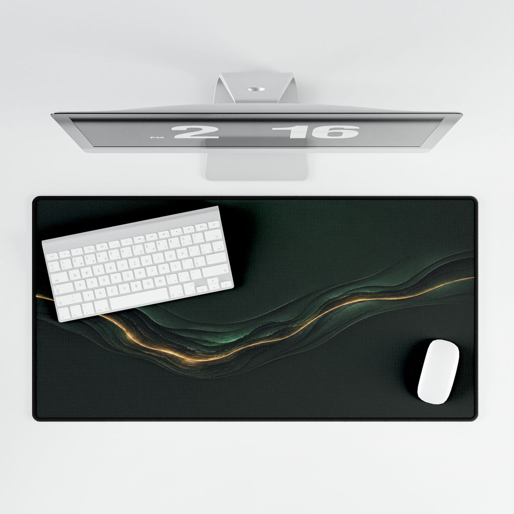 Printify preview: Forest Radiance, 31.5 × 15.5 inches, overhead desk view with keyboard and mouse.