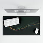 Printify preview: Forest Radiance, 31.5 × 15.5 inches, overhead desk view with keyboard and mouse.