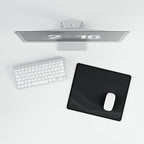 Printify preview: overhead view of Graphite Interference, 14.4 × 12.1 inches, with a mouse beside a keyboard.