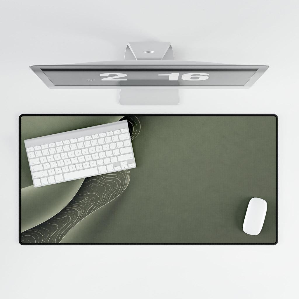 Printify preview: Sage Fold, 31.5 × 15.5 inches, overhead desk view with keyboard and mouse.