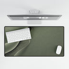 Printify preview: Sage Fold, 31.5 × 15.5 inches, overhead desk view with keyboard and mouse.