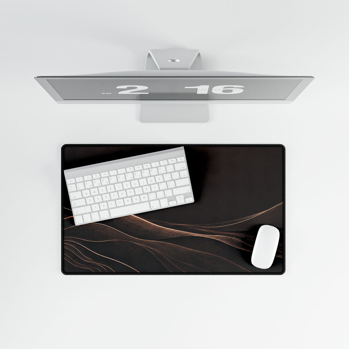 Printify preview: overhead view of Espresso Horizon, 23.6 × 13.8 inches, with keyboard and mouse.