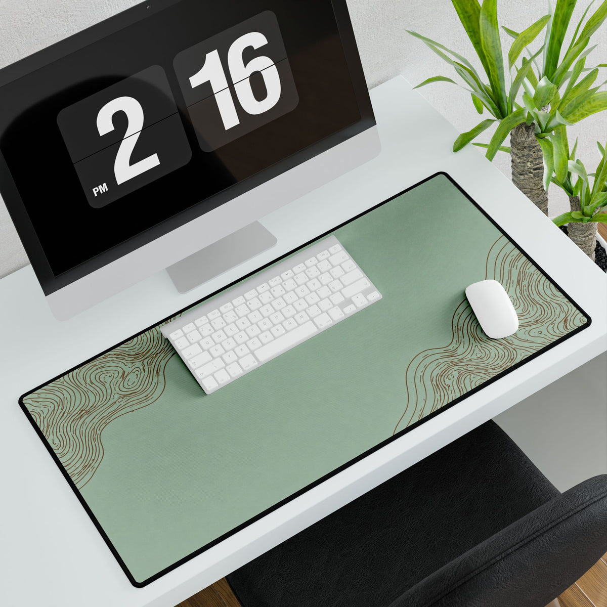 Printify preview: Minimal Celadon Bronze, 31.5 × 15.5 inches, angled desk view with keyboard and mouse.