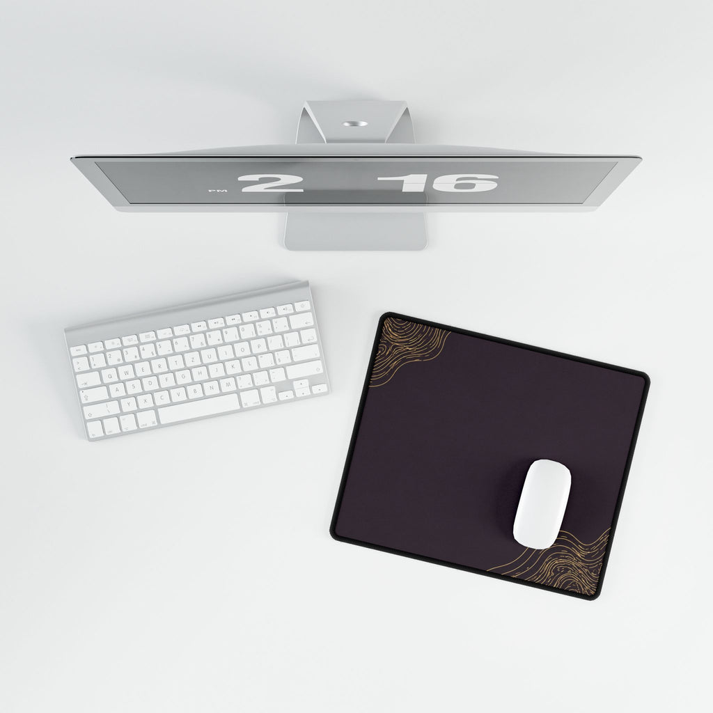 Printify preview: Minimal Aubergine Gold, 14.4 × 12.1 inches, overhead desk view with keyboard and mouse.