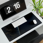 Printify preview: Navy Optic, 31.5 × 15.5 inches, with keyboard and mouse on a white desk, viewed at an angle.