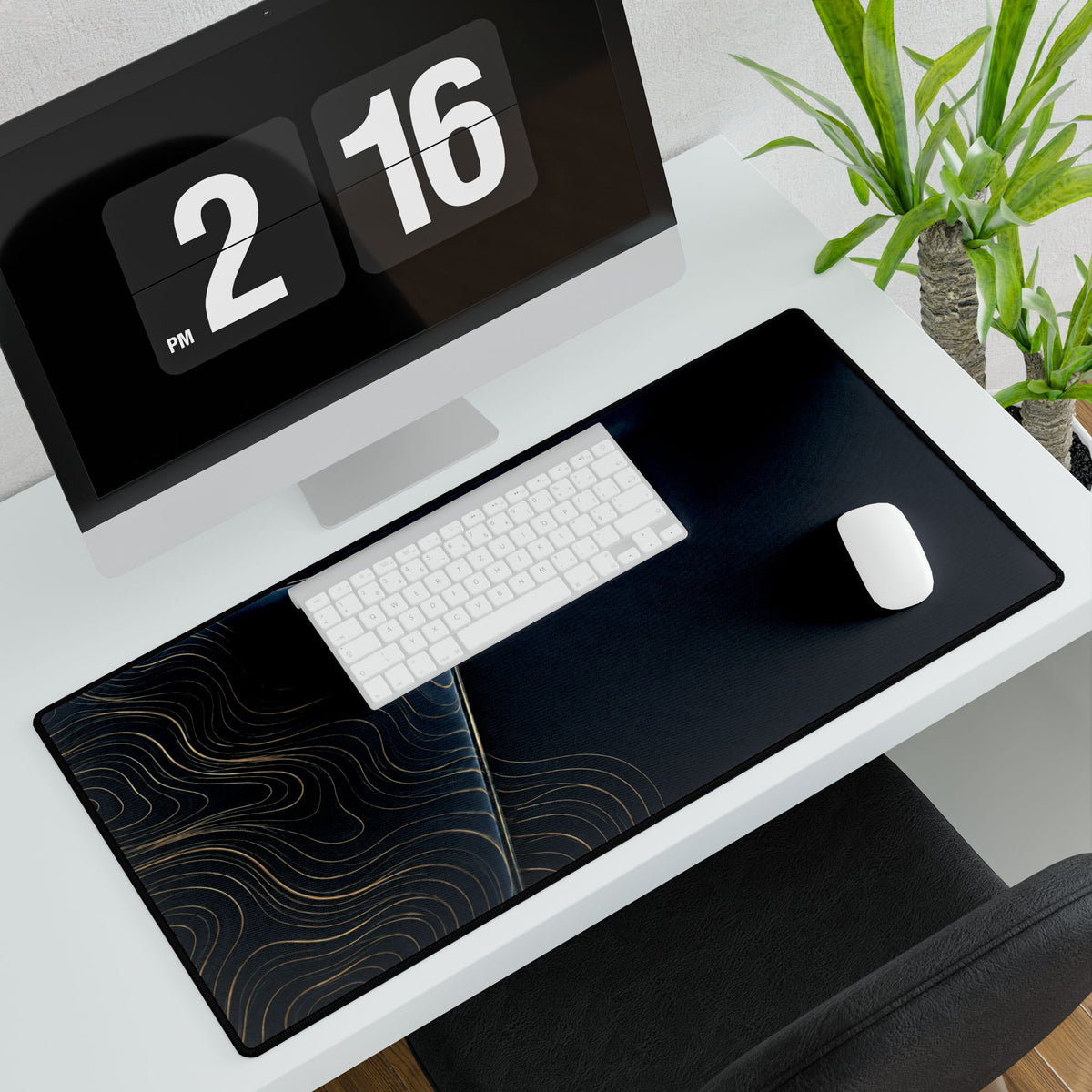 Printify preview: Navy Optic, 31.5 × 15.5 inches, with keyboard and mouse on a white desk, viewed at an angle.