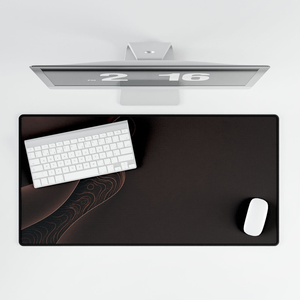 Printify preview: Espresso Fold, 31.5 × 15.5 inches, overhead desk view with keyboard and mouse.