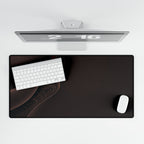 Printify preview: Espresso Fold, 31.5 × 15.5 inches, overhead desk view with keyboard and mouse.