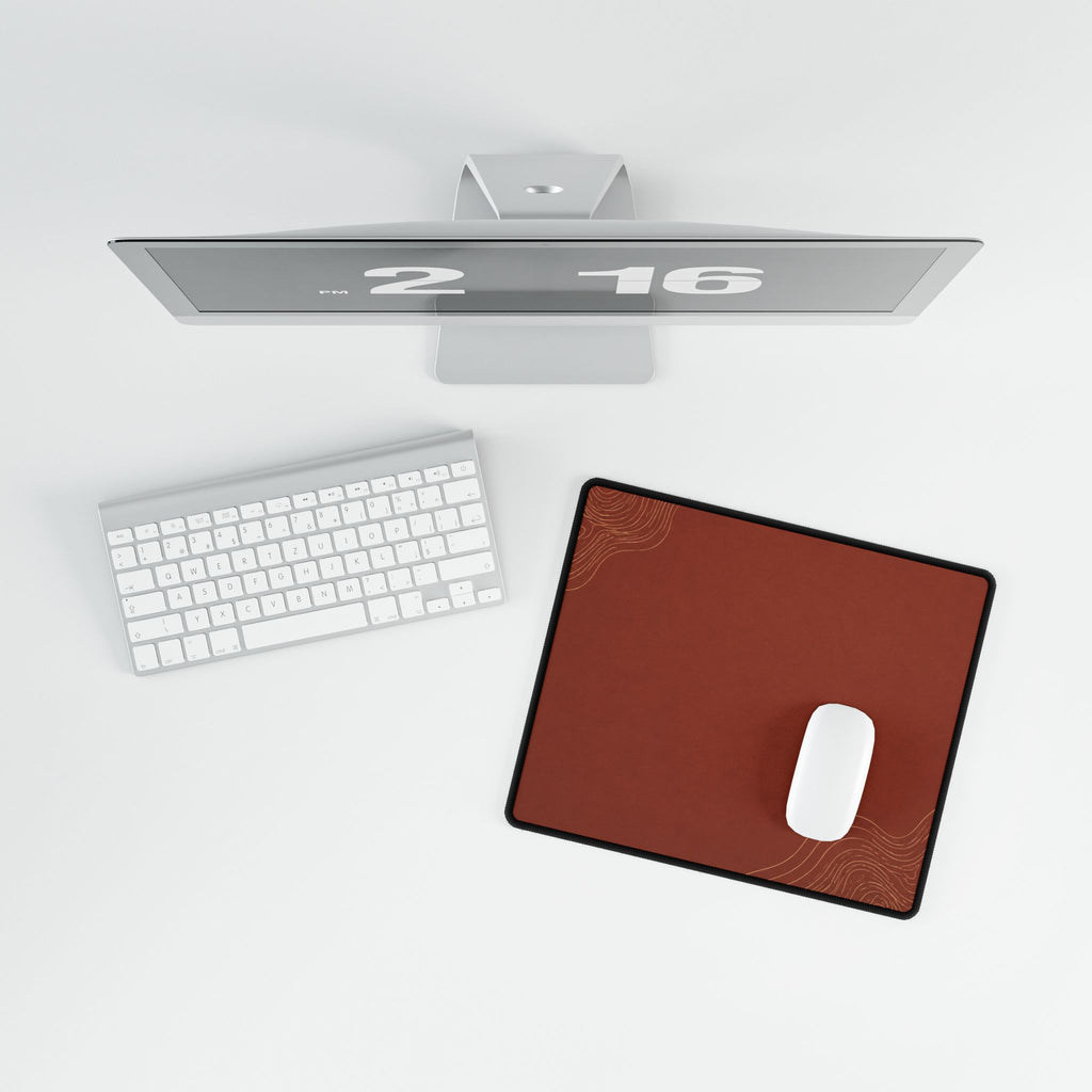 Printify preview: Minimal Terra Ember, 14.4 × 12.1 inches, overhead desk view with keyboard and mouse.