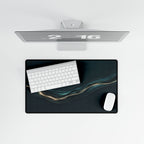Printify preview: Teal Radiance, 23.6 × 13.8 inches, overhead desk view with keyboard and mouse.