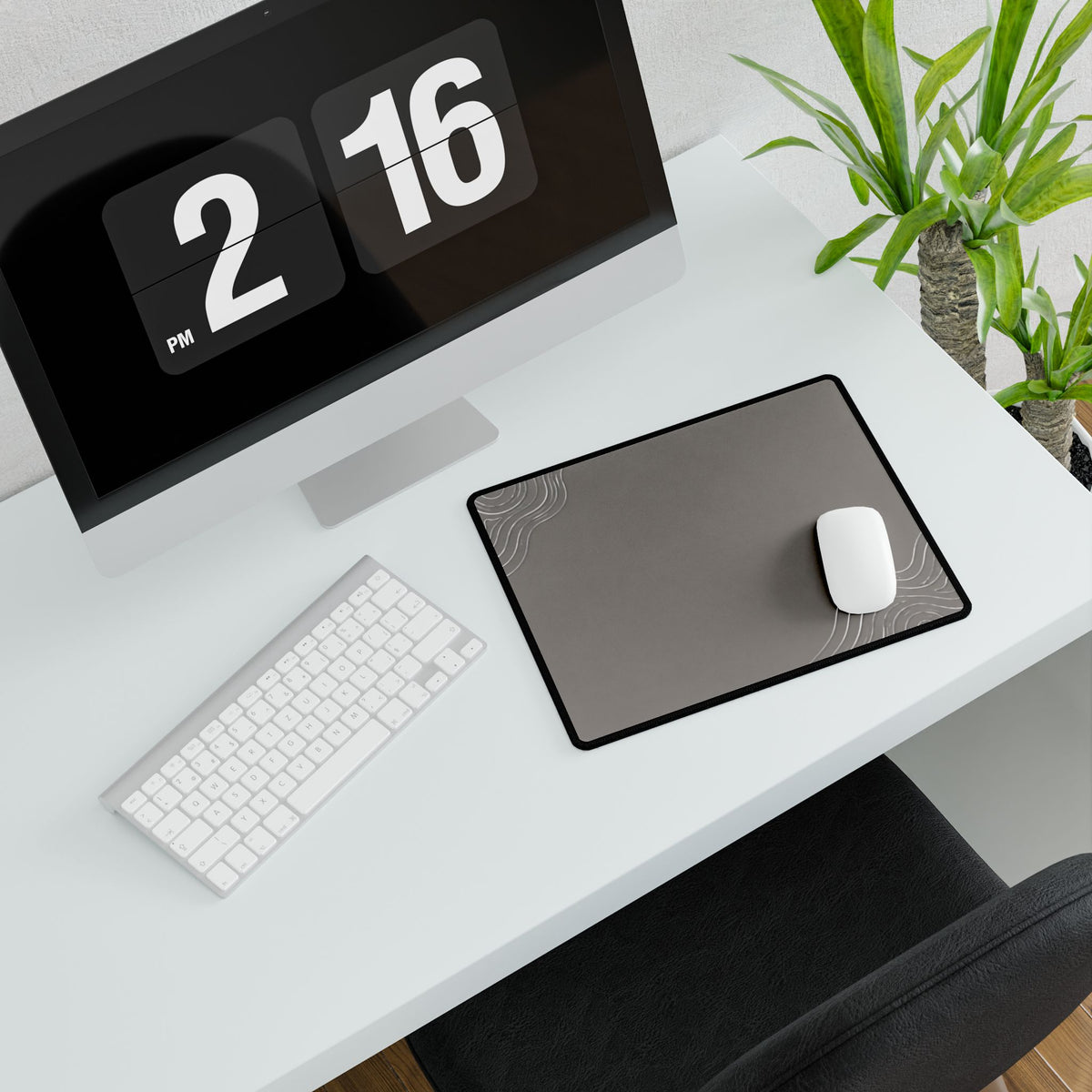 Minimal Stone Grey compact desk mat with a mouse beside a white keyboard, viewed at an angle.