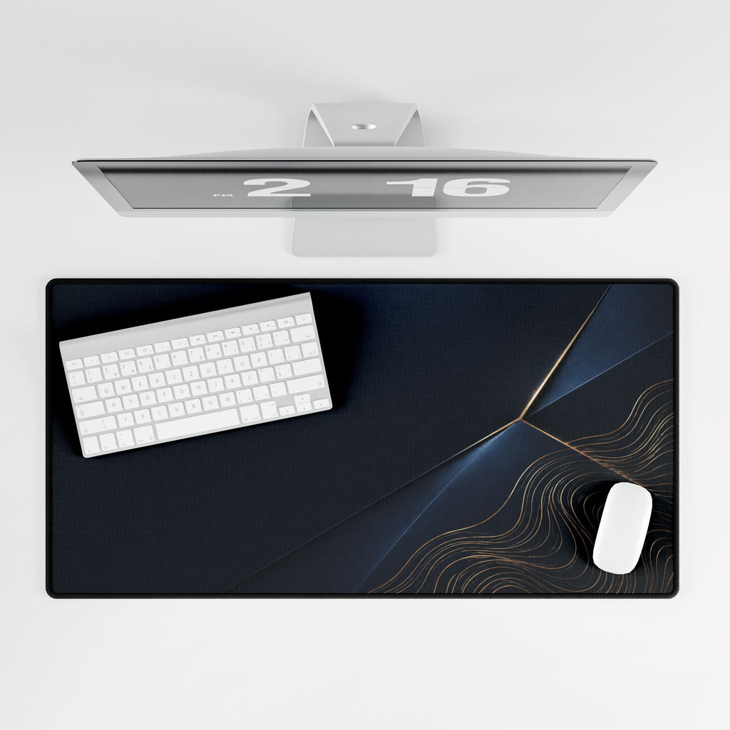 Printify preview: Navy Facet, 31.5 × 15.5 inches, overhead desk view with keyboard and mouse.