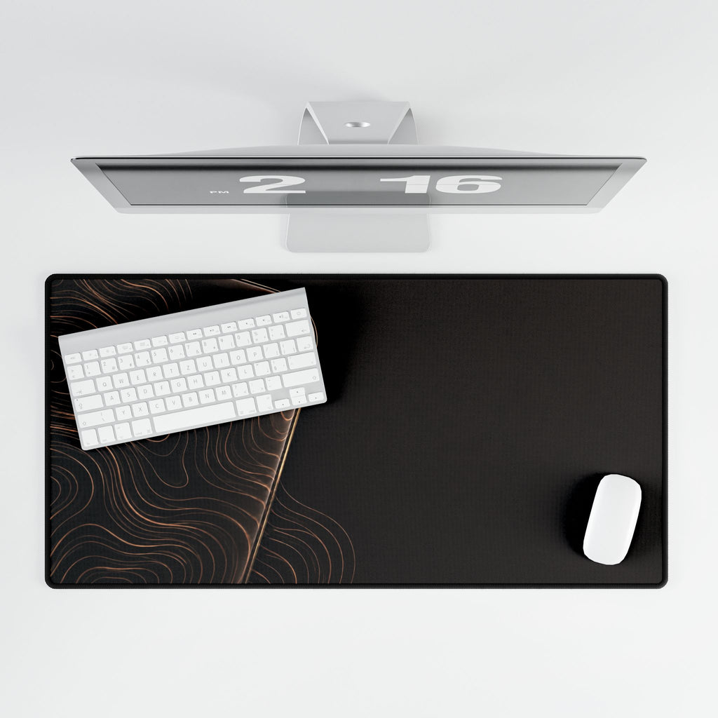 Printify preview: overhead view of Espresso Optic, 31.5 × 15.5 inches, with keyboard and mouse.