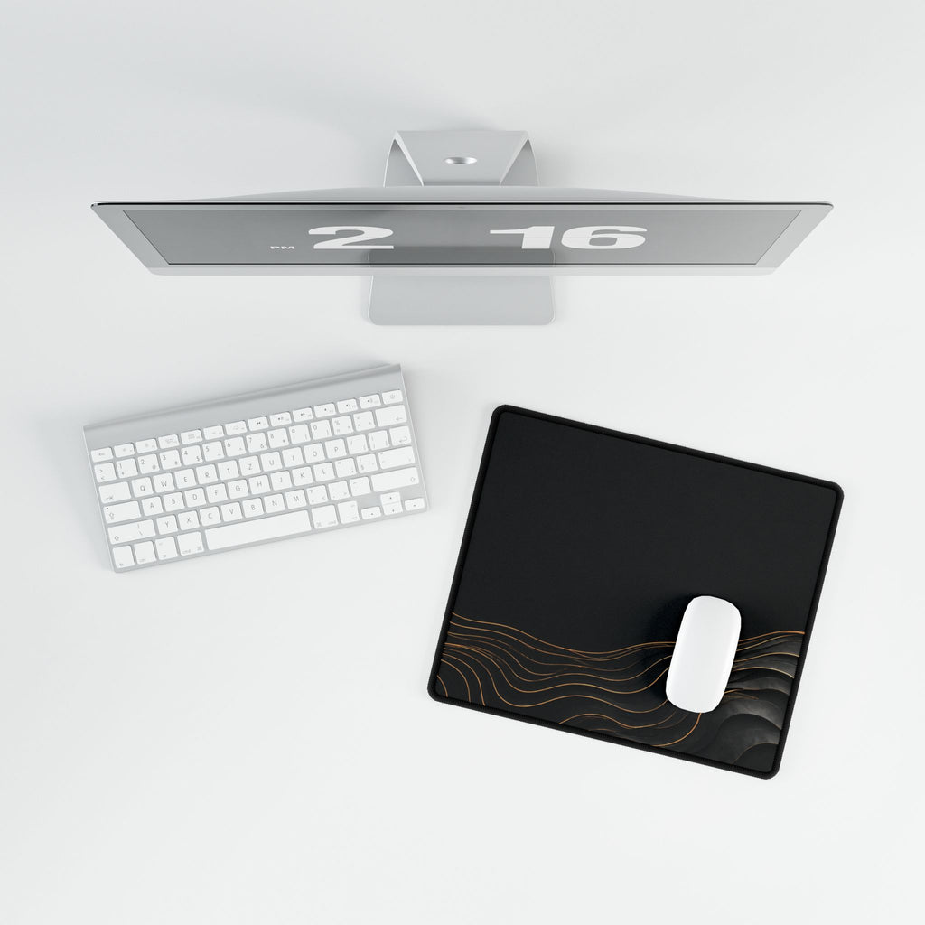 Printify preview: overhead view of Obsidian Evolution, 14.4 × 12.1 inches, with a mouse beside a keyboard.