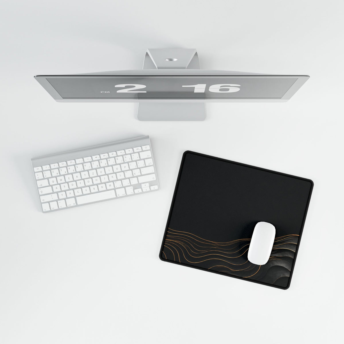 Printify preview: overhead view of Obsidian Evolution, 14.4 × 12.1 inches, with a mouse beside a keyboard.